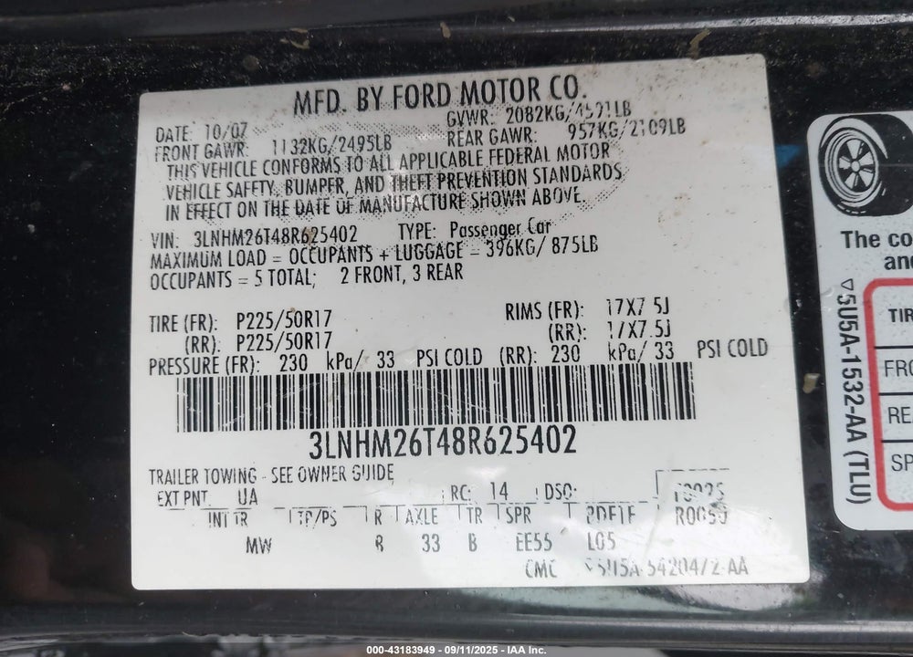 2008 LINCOLN MKZ VIN: 3LNHM26T48R625402