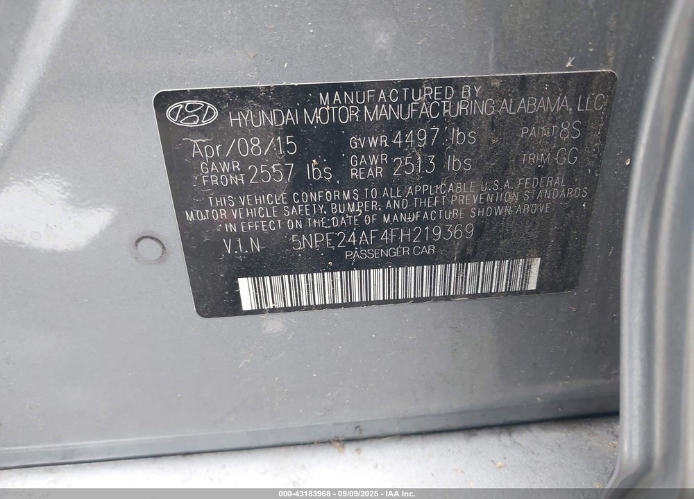 2015 HYUNDAI SONATA VIN: 5NPE24AF4FH219369