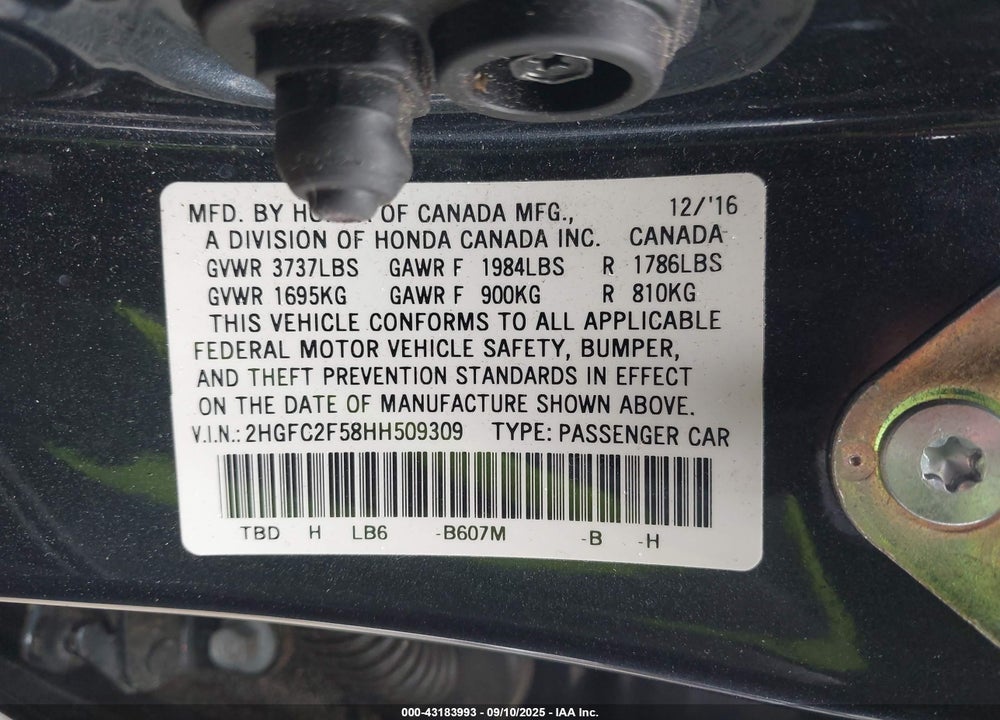 2017 HONDA CIVIC LX VIN: 2HGFC2F58HH509309