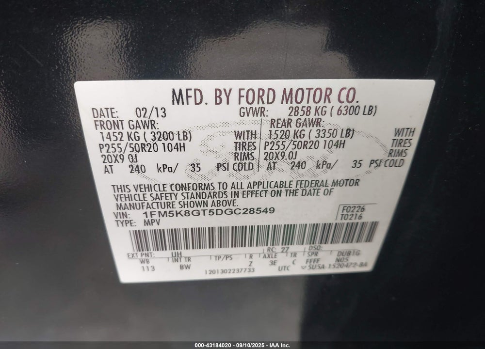 2013 FORD EXPLORER VIN: 1FM5K8GT5DGC28549