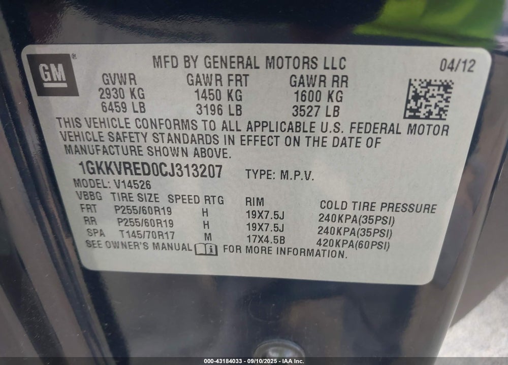 2012 GMC ACADIA SLT-1 VIN: 1GKKVRED0CJ313207
