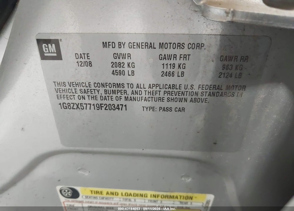 2009 SATURN AURA XR VIN: 1G8ZX57719F203471