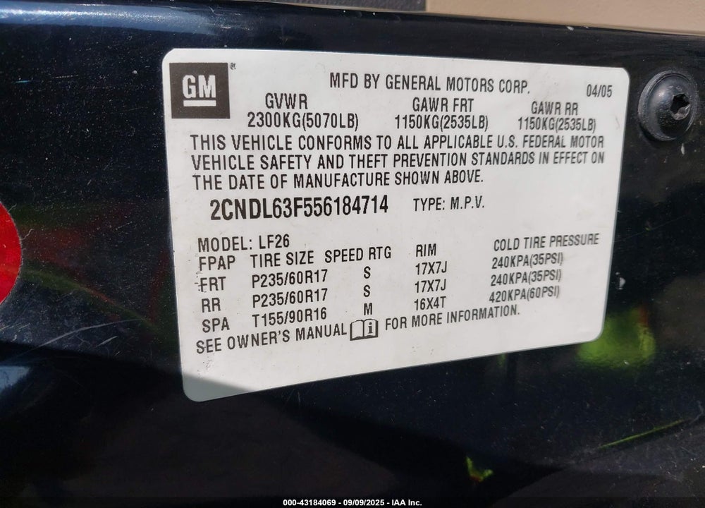 2005 CHEVROLET EQUINOX LT VIN: 2CNDL63F556184714