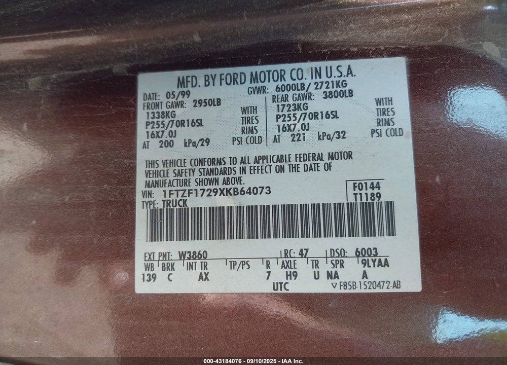 1999 FORD F-150 WORK SERIES/XL/XLT VIN: 1FTZF1729XKB64073