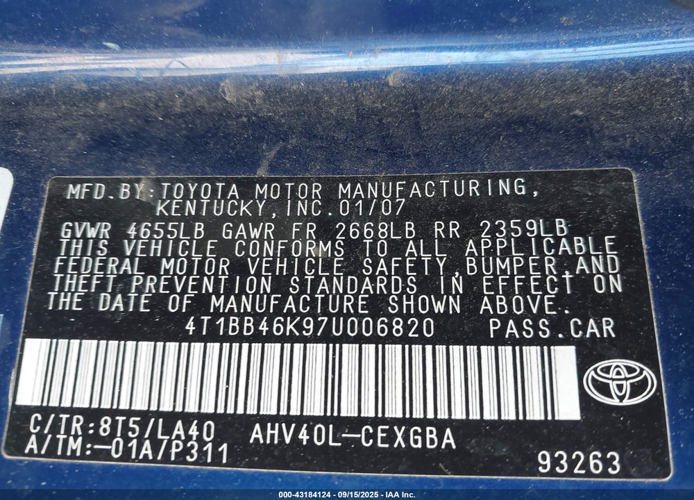 2007 TOYOTA CAMRY HYBRID VIN: 4T1BB46K97U006820