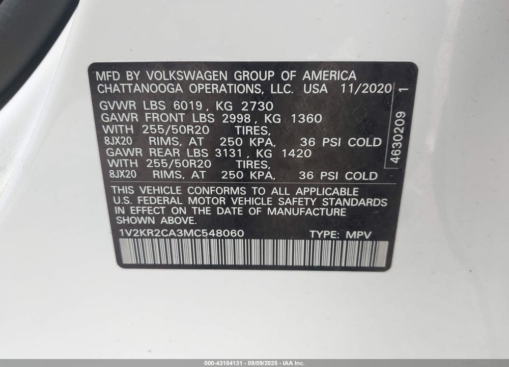 2021 VOLKSWAGEN ATLAS VIN: 1V2KR2CA3MC548060