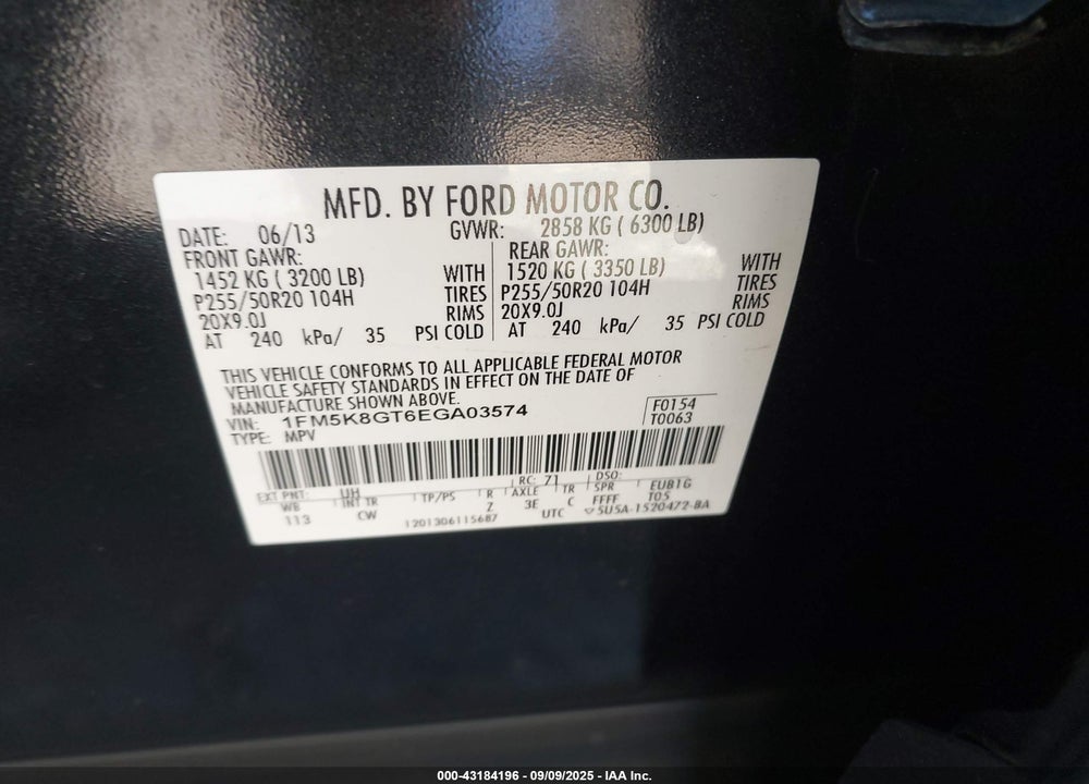 2014 FORD EXPLORER VIN: 1FM5K8GT6EGA03574