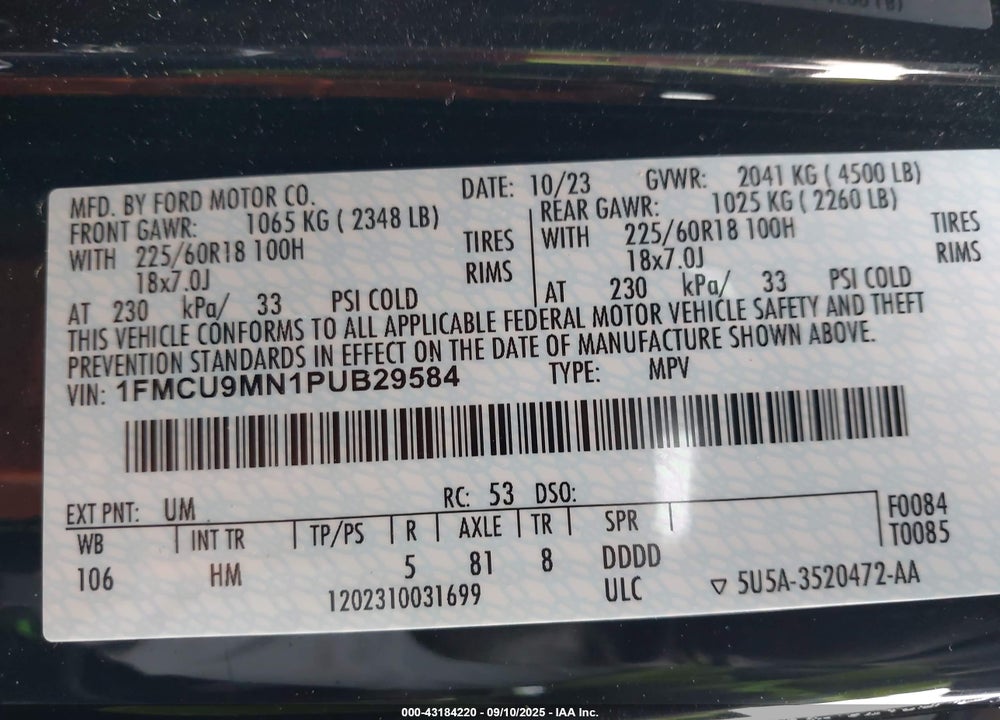 2023 FORD ESCAPE ST-LINE VIN: 1FMCU9MN1PUB29584