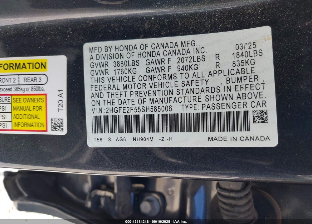 2025 HONDA CIVIC VIN: 2HGFE2F55SH585006