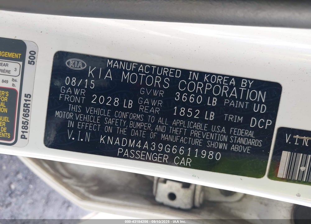 2016 KIA RIO VIN: KNADM4A39G6611980