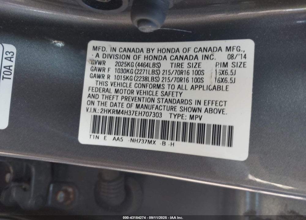 2014 HONDA CR-V VIN: 2HKRM4H37EH707303