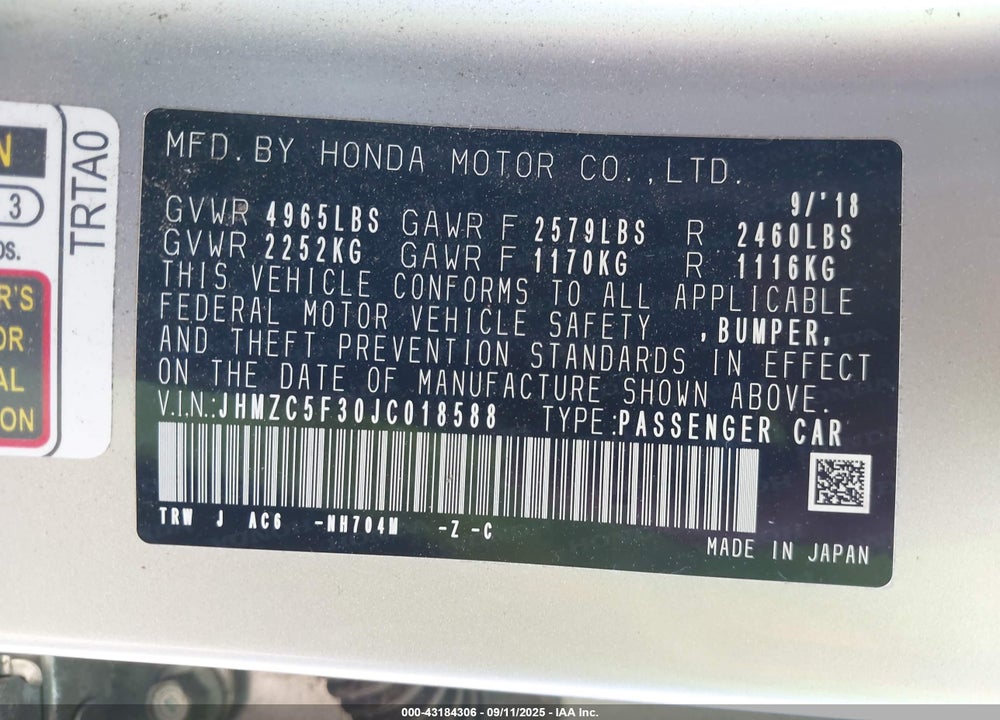 2018 HONDA CLARITY PLUG-IN HYBRID TOURING VIN: JHMZC5F30JC018588