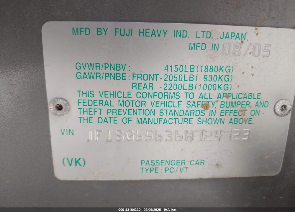 2006 SUBARU FORESTER 2.5X VIN: JF1SG65636H724723