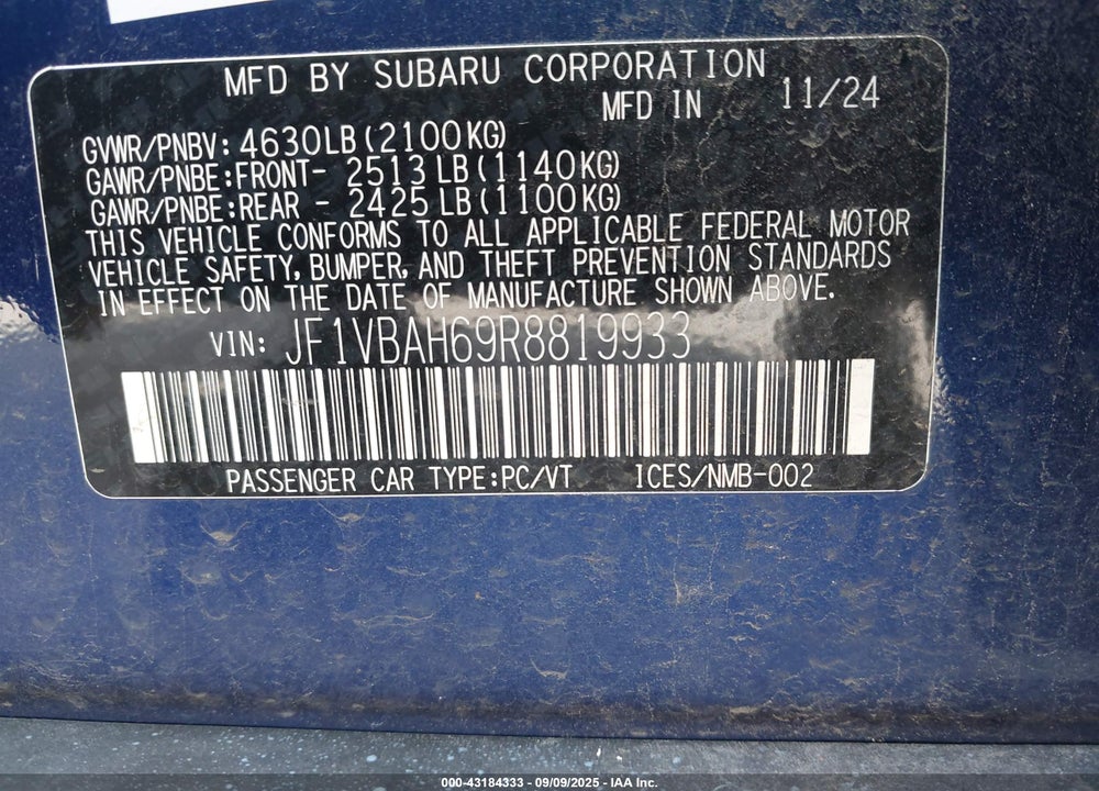 2024 SUBARU WRX PREMIUM VIN: JF1VBAH69R8819933