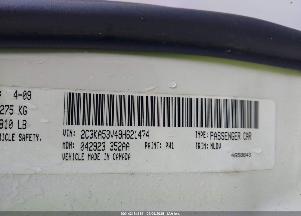 2009 CHRYSLER 300 TOURING VIN: 2C3KA53V49H621474