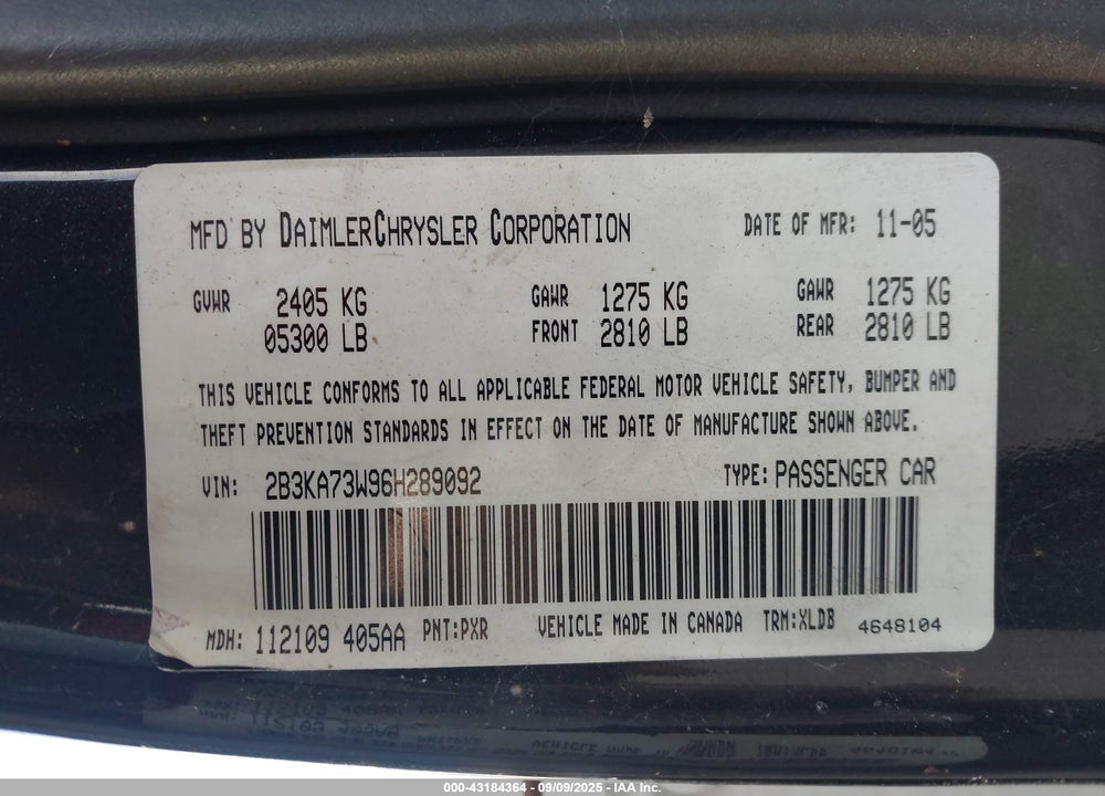 2006 DODGE CHARGER SRT8 VIN: 2B3KA73W96H289092
