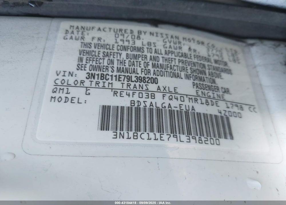 2009 NISSAN VERSA 1.8SL VIN: 3N1BC11E79L398200