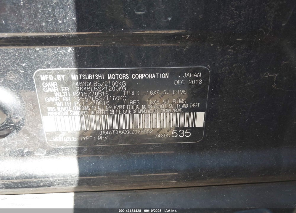2019 MITSUBISHI ECLIPSE VIN: JA4AT3AAXKZ029552