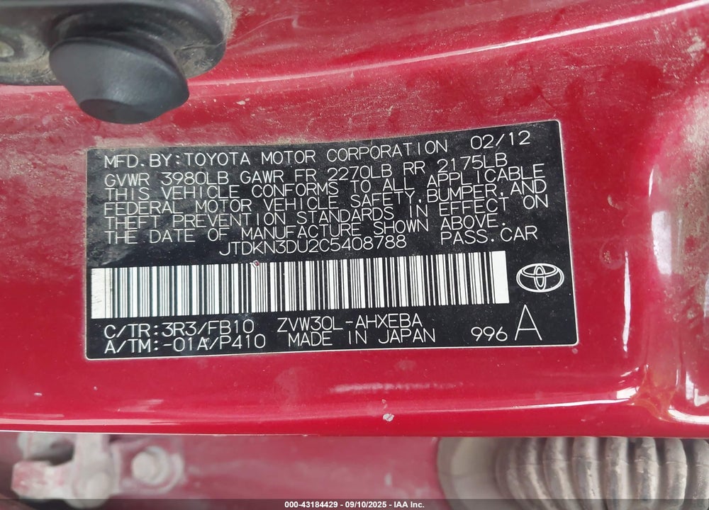 2012 TOYOTA PRIUS VIN: JTDKN3DU2C5408788