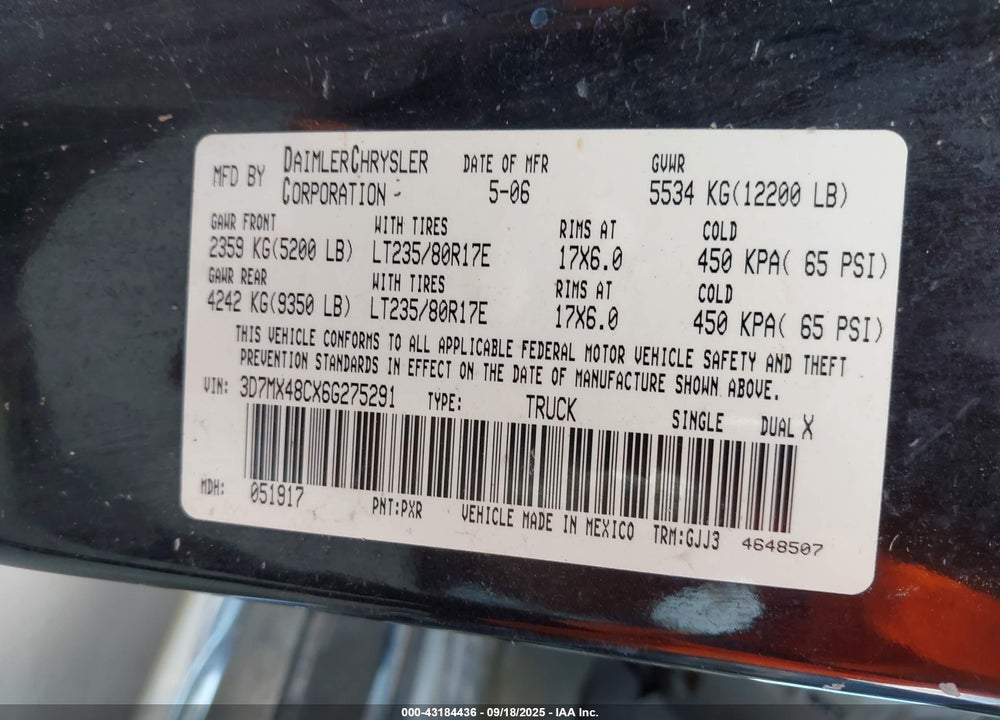2006 DODGE RAM 3500 LARAMIE VIN: 3D7MX48CX6G275291