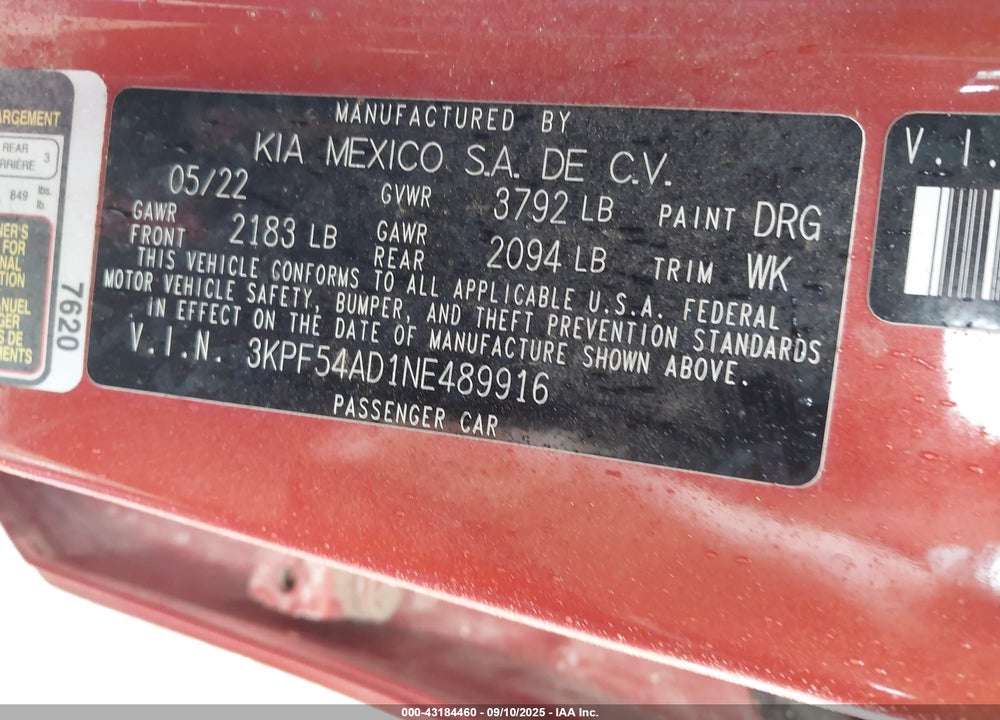 2022 KIA FORTE GT LINE VIN: 3KPF54AD1NE489916