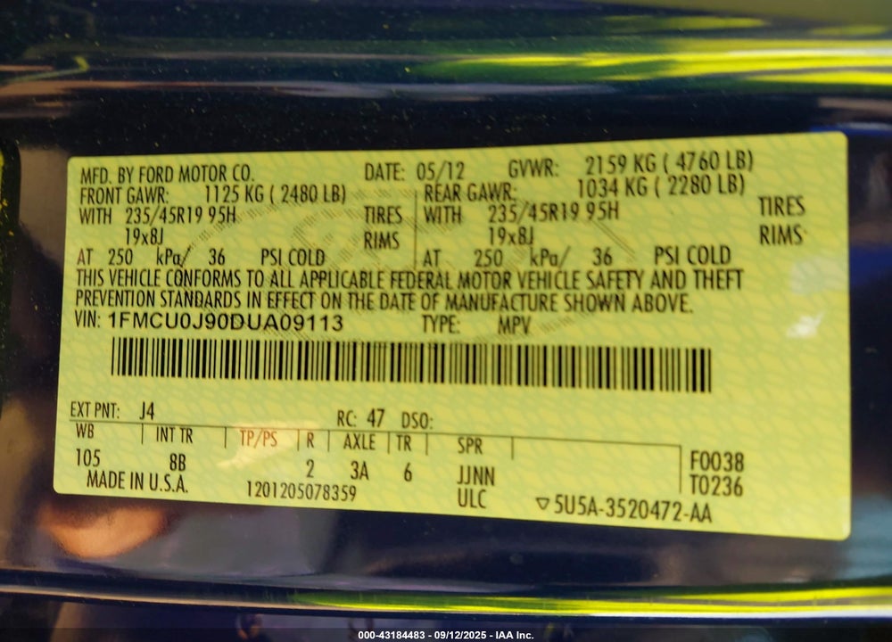 2013 FORD ESCAPE VIN: 1FMCU0J90DUA09113