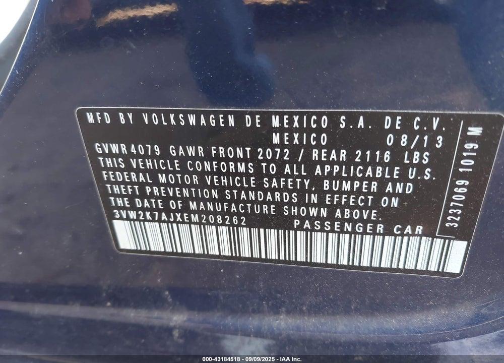 2014 VOLKSWAGEN JETTA VIN: 3VW2K7AJXEM208262