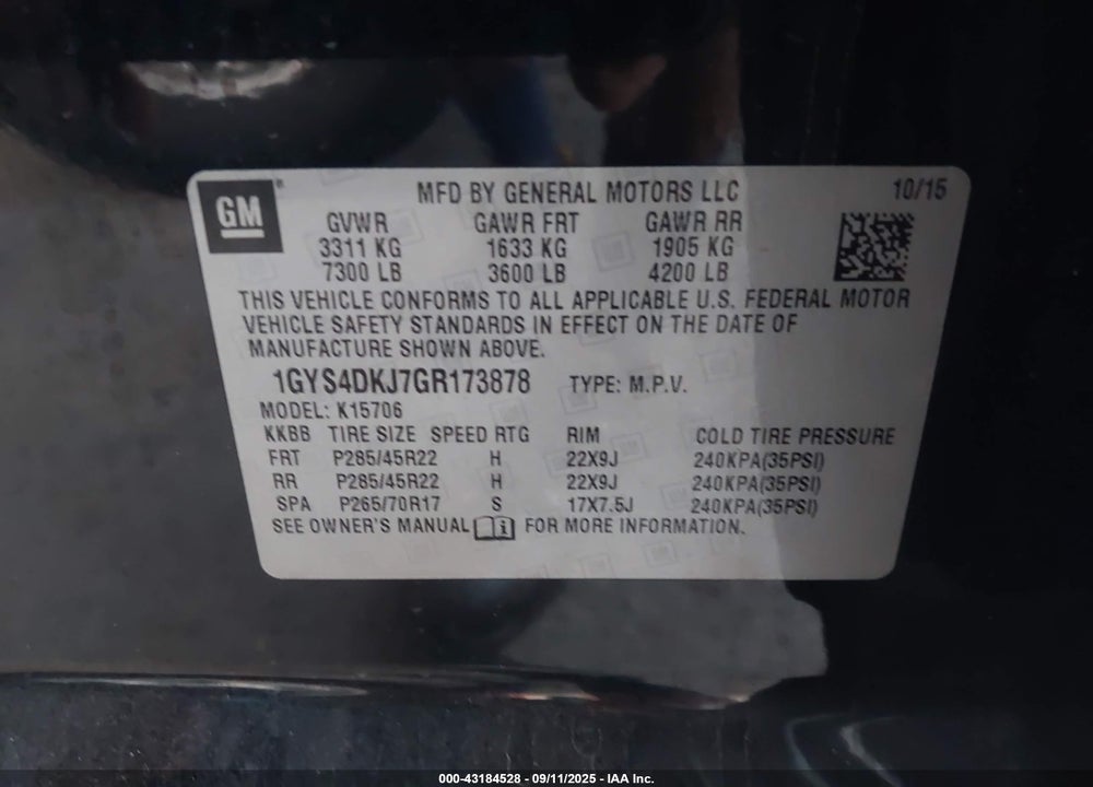 2016 CADILLAC ESCALADE PLATINUM VIN: 1GYS4DKJ7GR173878