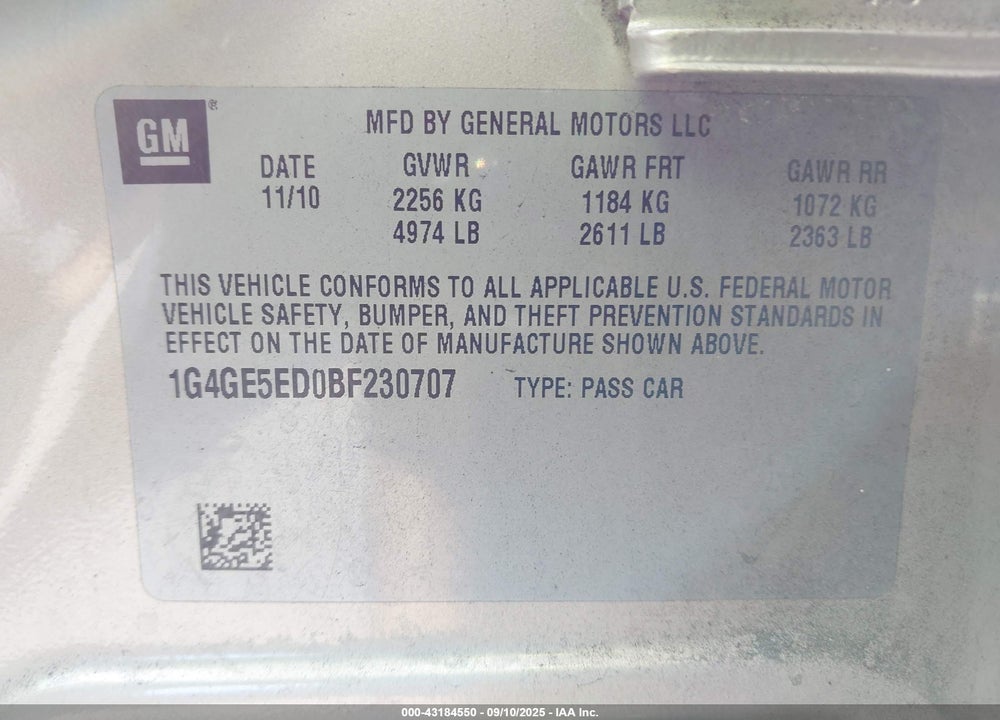 2011 BUICK LACROSSE VIN: 1G4GE5ED0BF230707