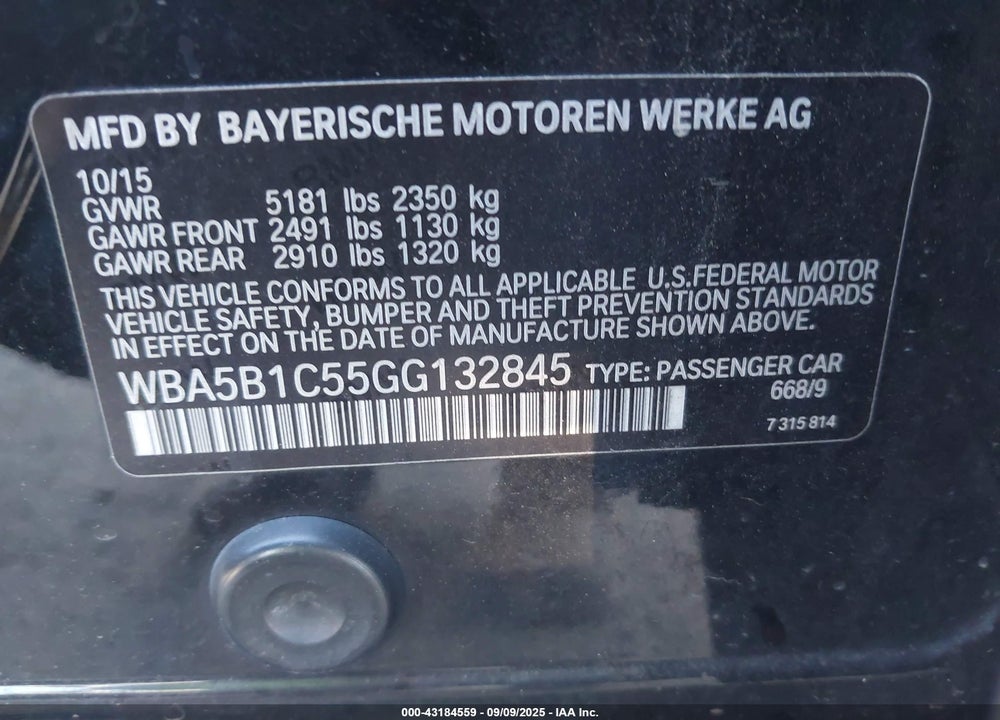 2016 BMW 5 SERIES VIN: WBA5B1C55GG132845
