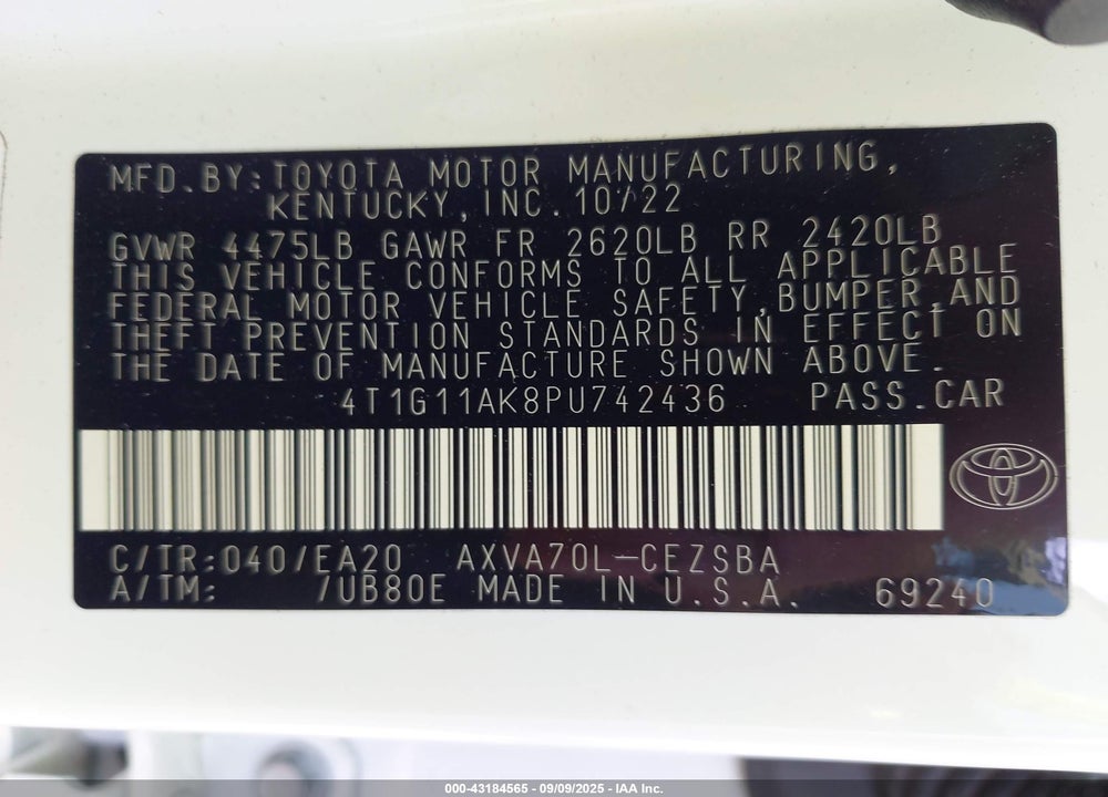 2023 TOYOTA CAMRY VIN: 4T1G11AK8PU742436