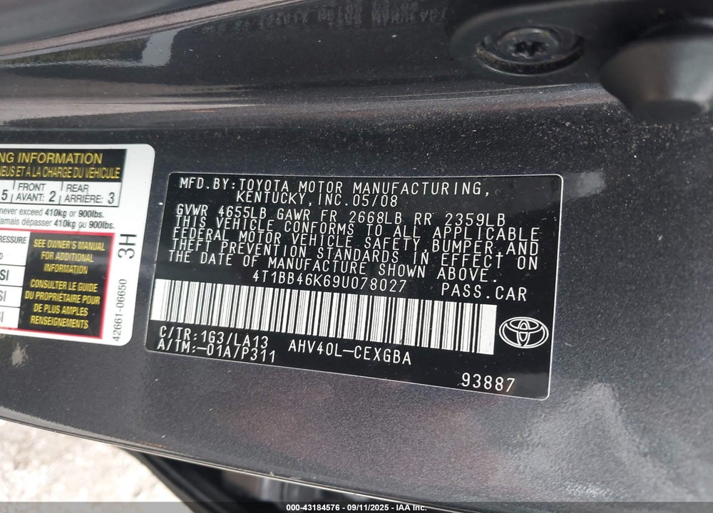 2009 TOYOTA CAMRY HYBRID VIN: 4T1BB46K69U078027