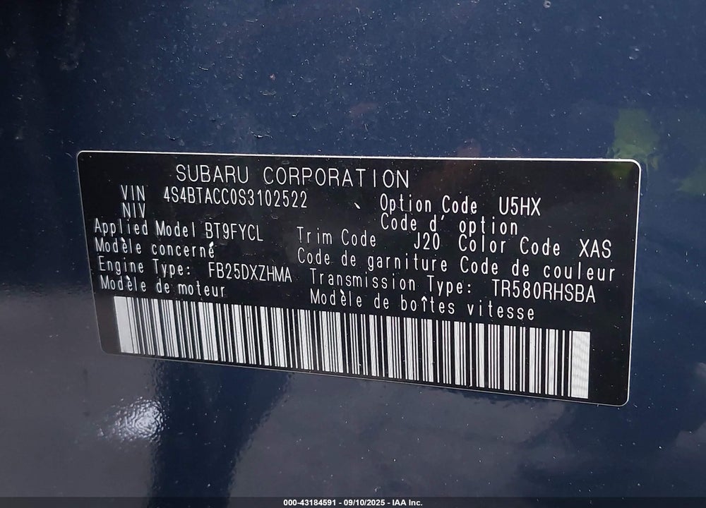 2025 SUBARU OUTBACK VIN: 4S4BTACC0S3102522