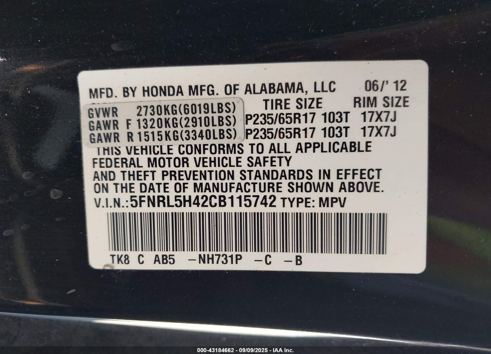 2012 HONDA ODYSSEY VIN: 5FNRL5H42CB115742