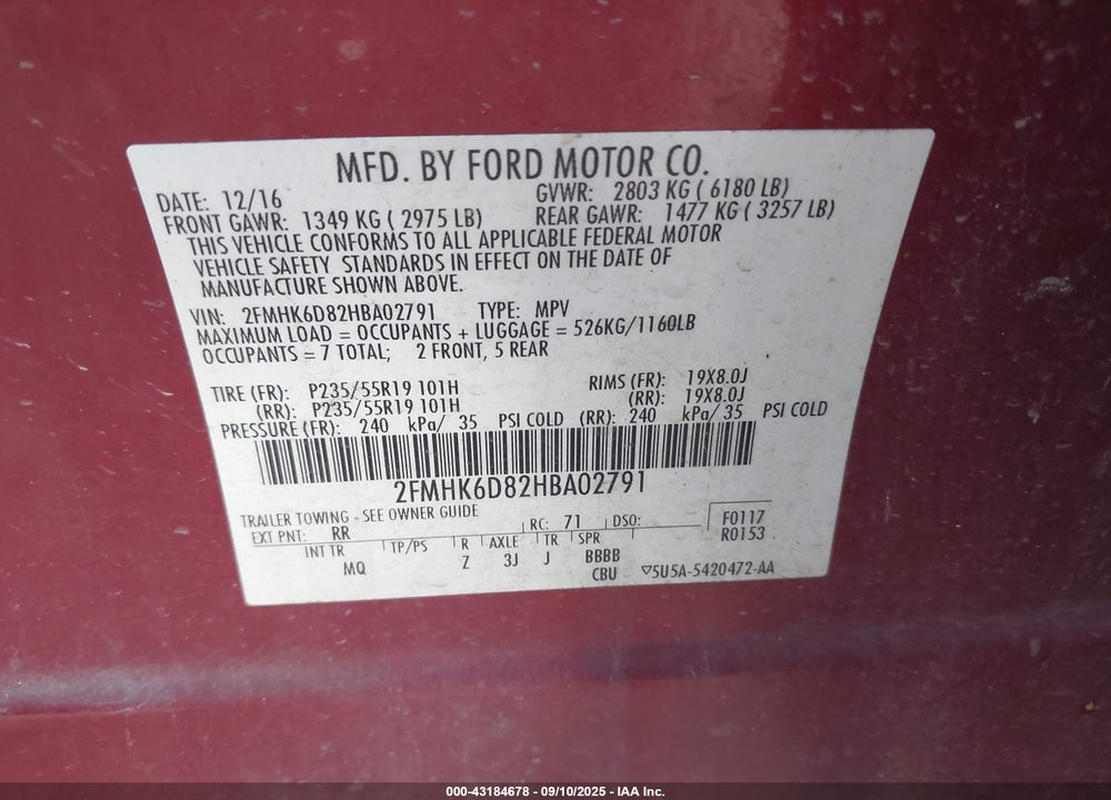 2017 FORD FLEX VIN: 2FMHK6D82HBA02791