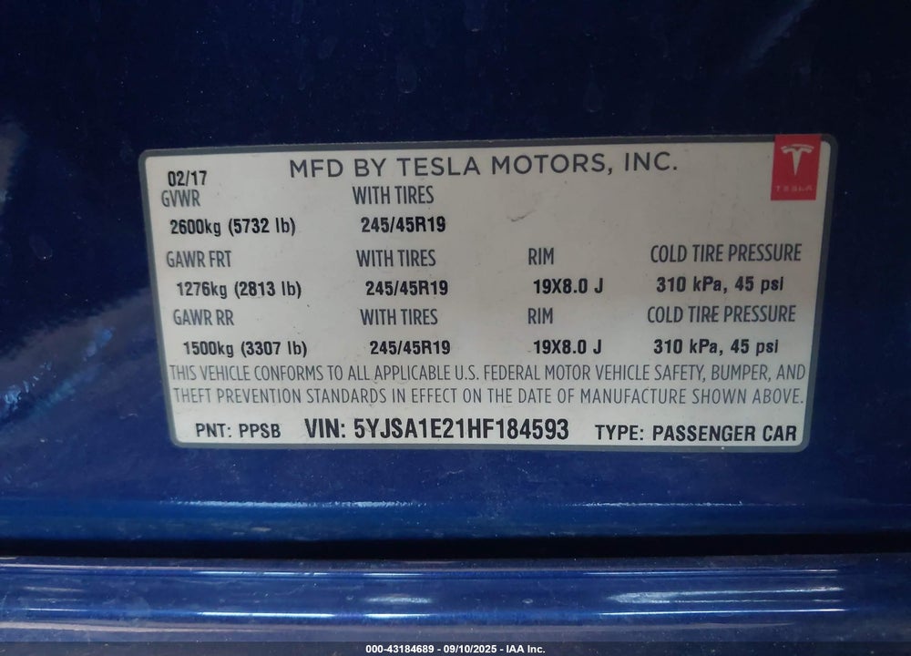 2017 TESLA MODEL S VIN: 5YJSA1E21HF184593