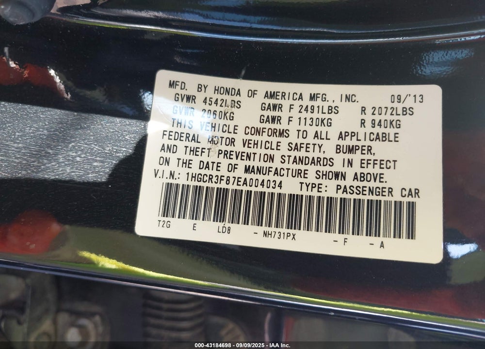 2014 HONDA ACCORD VIN: 1HGCR3F87EA004034