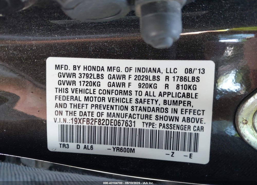 2013 HONDA CIVIC EX VIN: 19XFB2F82DE067631