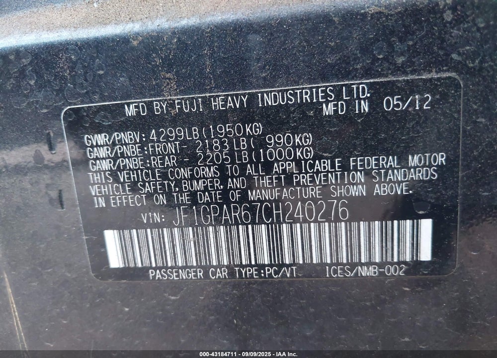 2012 SUBARU IMPREZA VIN: JF1GPAR67CH240276