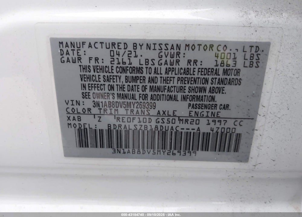 2021 NISSAN SENTRA SR XTRONIC CVT VIN: 3N1AB8DV5MY269399