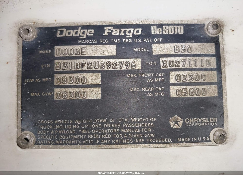 1972 DODGE / TIOGA SPORTSMAN MH VIN: 0000B31BF2U592796