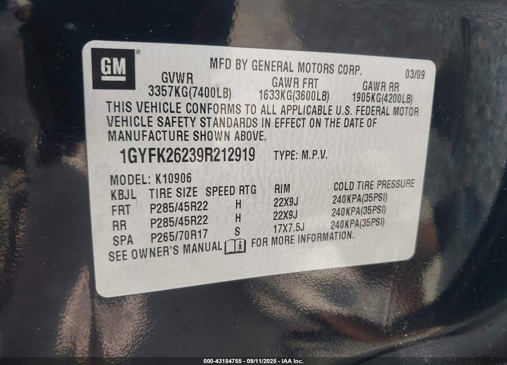 2009 CADILLAC ESCALADE ESV STANDARD VIN: 1GYFK26239R212919