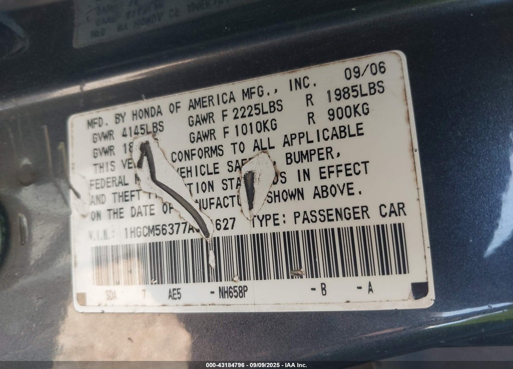 2007 HONDA ACCORD 2.4 SE VIN: 1HGCM56377A021627