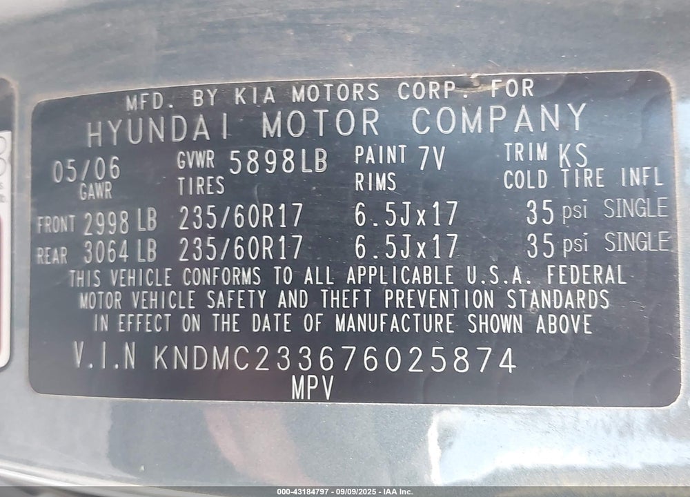 2007 HYUNDAI ENTOURAGE GLS/LIMITED/SE VIN: KNDMC233676025874