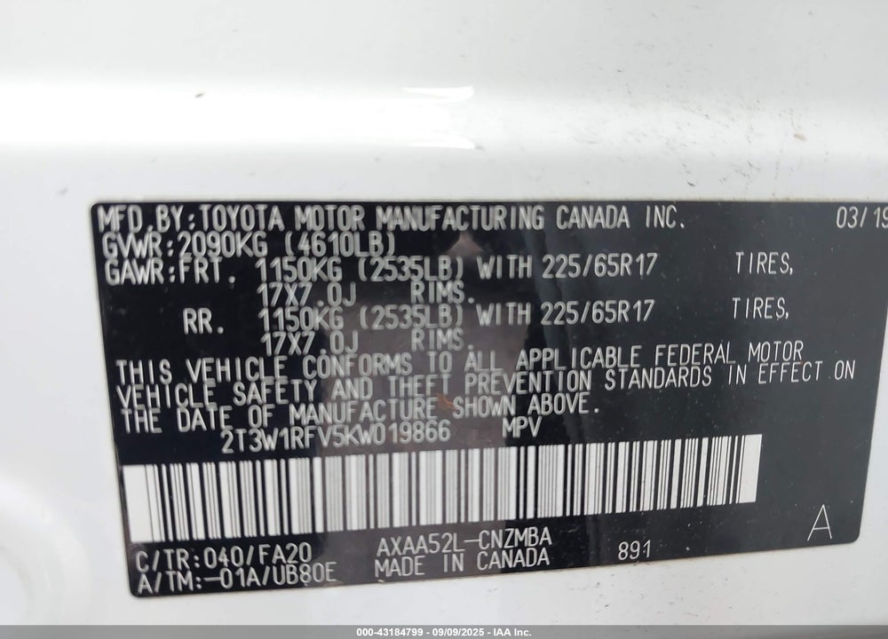 2019 TOYOTA RAV4 VIN: 2T3W1RFV5KW019866