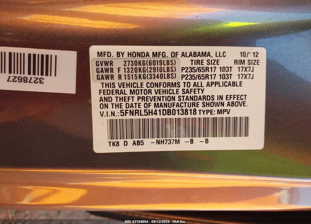 2013 HONDA ODYSSEY EX VIN: 5FNRL5H41DB013818