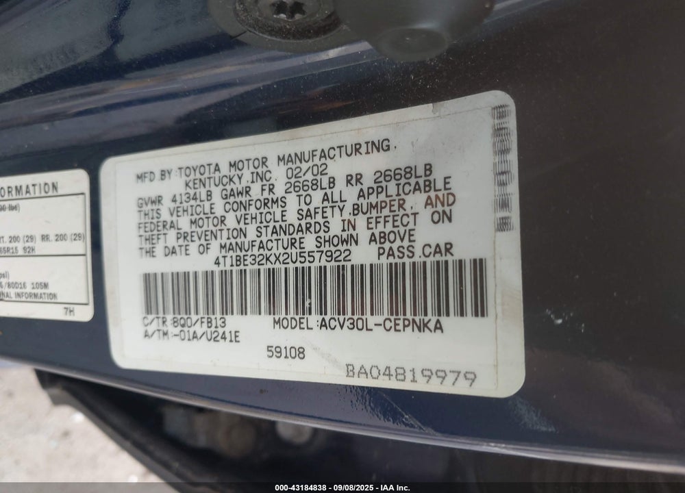 2002 TOYOTA CAMRY LE VIN: 4T1BE32KX2U557922