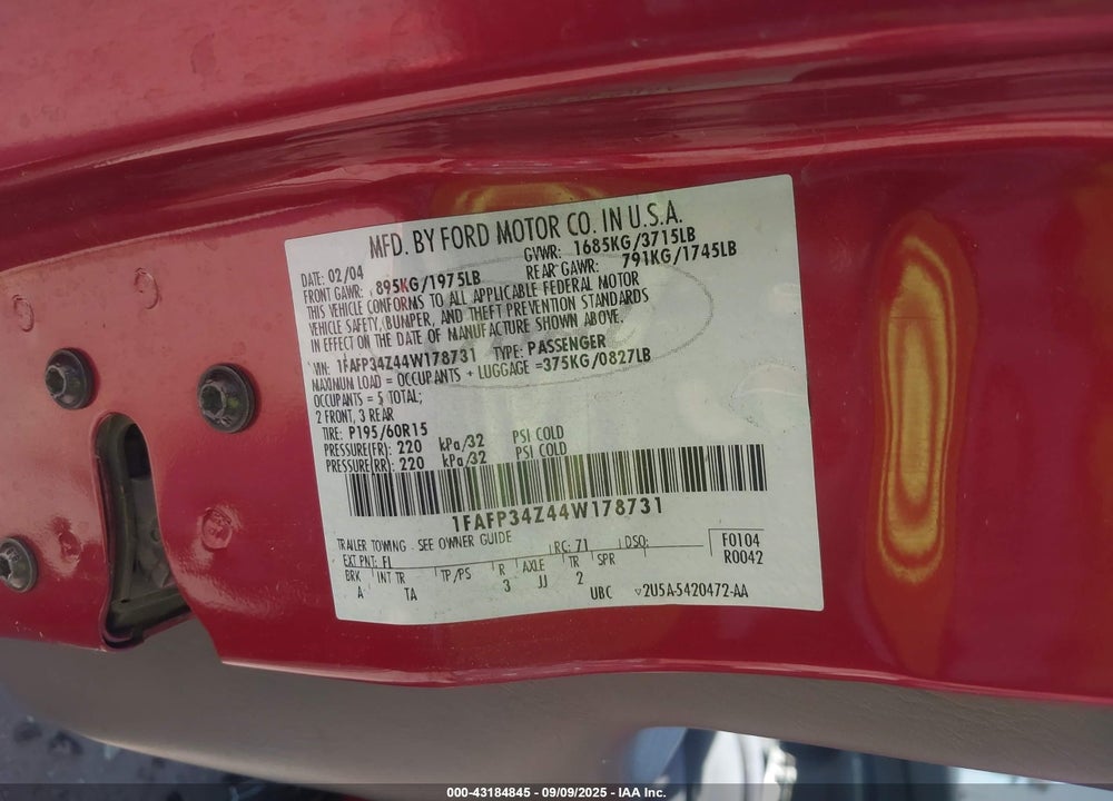 2004 FORD FOCUS SE VIN: 1FAFP34Z44W178731