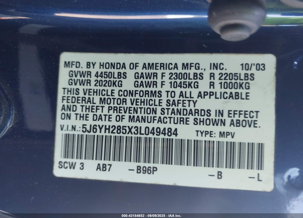 2003 HONDA ELEMENT EX VIN: 5J6YH285X3L049484