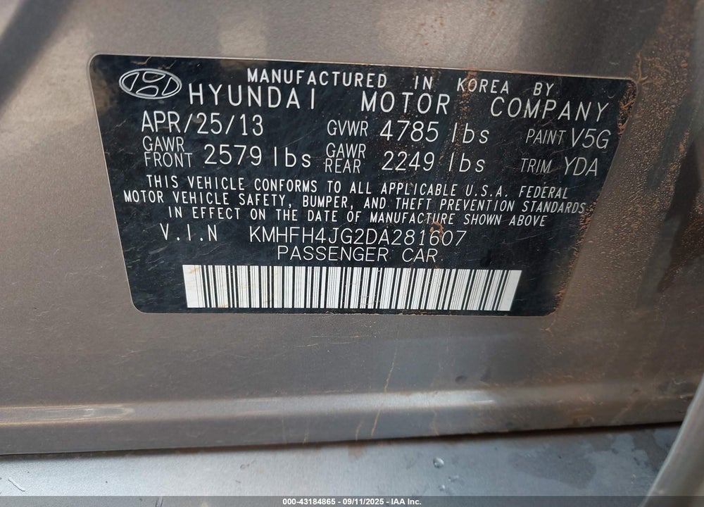 2013 HYUNDAI AZERA VIN: KMHFH4JG2DA281607